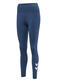 Granatowe legginsy sportowe z wysokim stanem, gładką fakturą, z białymi wzorami w zygzak na dolnej części nogawki dla podkreślenia.