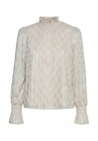 Lichtbeige blouse met een hoge gerimpelde halslijn, lange pofmouwen en een textuurpatroon met glanzende accenten.