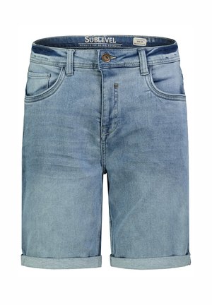 Light blue denim shorts with rolled cuffs, front button and zipper, belt loops, and five-pocket design, size 34.