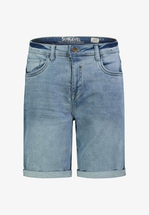 Hellblaue Jeansshorts mit aufgekrempelten Säumen, Frontknopf und Reißverschluss, Gürtelschlaufen und Fünf-Taschen-Design, Größe 34.