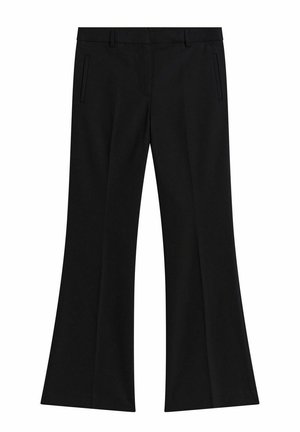 Black flared trousers with a smooth texture. Features a flat waistband and two side pockets. Fabric has a solid color and tailored design.