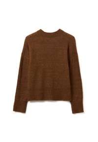 Pull court marron en matériau tricot doux. Il présente un col rond, des poignets et un ourlet côtelés, avec des épaules tombantes pour une coupe décontractée.
