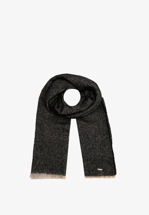 Czarny i szary szalik w jodełkę z frędzlami, wykonany z teksturowanej tkaniny. Posiada minimalistyczną metalową metkę po jednej stronie.