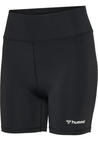 Schwarze, hoch taillierte Sportshorts mit flachen Nähten und einem kleinen weißen Hummel-Logo am unteren linken Bein.