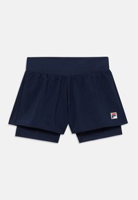 Calções de desporto de cor azul-marinho, feitos de um tecido suave e leve, com uma cintura larga e um pequeno logótipo bordado no canto inferior esquerdo.