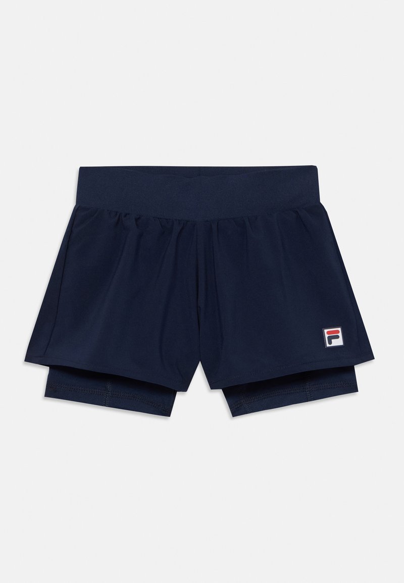 Calções de desporto de cor azul-marinho, feitos de um tecido suave e leve, com uma cintura larga e um pequeno logótipo bordado no canto inferior esquerdo.