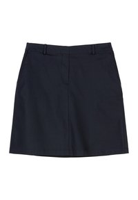 Jupe en coton mélangé bleu marine avec une coupe droite, passants de ceinture, détail de couture sur le devant et une longueur juste au-dessus du genou.