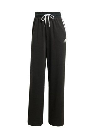 Black sweatpants made of soft cotton, featuring a drawstring waist, wide legs, and a white logo accent on the left thigh.
