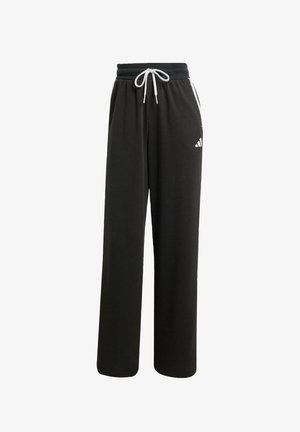 Black sweatpants made of soft cotton, featuring a drawstring waist, wide legs, and a white logo accent on the left thigh.