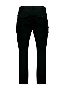 Zwarte cargobroek met een recht model, twee zijzakken met ritsen, een ritssluiting en een soepele textuur.