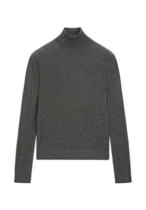 Donkergrijze, langärmelig coltrui met een slanke pasvorm en geribbelde manchetten en zoom, weergegeven op een effen witte achtergrond.