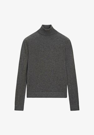 Maglione dolcevita grigio scuro a maniche lunghe con vestibilità aderente e polsini e orlo a coste, mostrato su uno sfondo bianco uniforme.