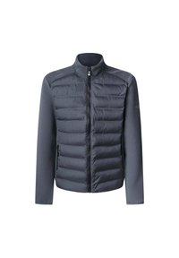 Chaqueta híbrida para hombre en gris oscuro con parte delantera acolchada, mangas largas suaves, cuello alto y cierre de cremallera en la parte delantera.