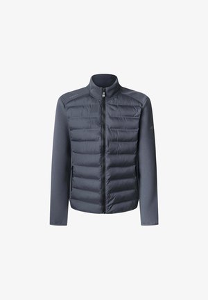 Pánská tmavě šedá hybridní bunda s prošívaným předním dílem, hladkými dlouhými rukávy, vysokým límcem a zapínáním na předním díle.