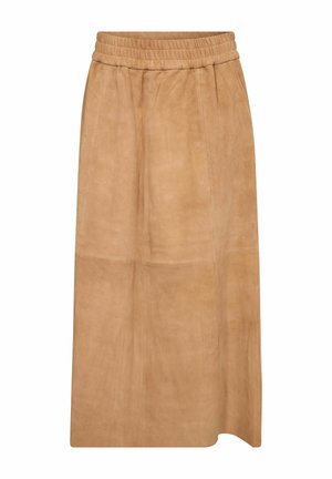 Maxi sukňa z svetlohnedého semišu s elastickým pásom a jemným šitím panelov, jednoduchý štýl, bez viditeľných ozdôb alebo vzorov.