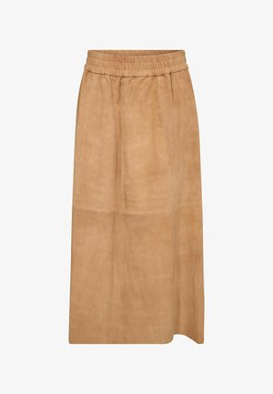 Maxirock aus hellbraunem Wildleder mit elastischem Bund und dezenten Teilungsnähten, schlichtes Design ohne sichtbare Verzierungen oder Muster.