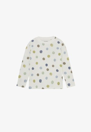 Biała koszula z długim rękawem z zabawnym wzorem kolorowych kropek w odcieniach zieleni, niebieskiego i brązu, wykonana z miękkiego, teksturowanego materiału.