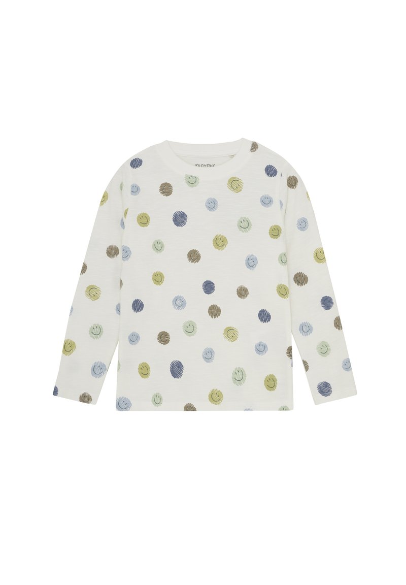 Langärmliges weißes Hemd mit einem verspielten Muster aus bunten Punkten in Grün, Blau und Braun, gefertigt aus weichem, strukturiertem Stoff.