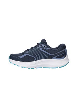 Marineblauw en lichtblauw sportieve schoen met een bovenwerk van mesh, een gevoerd nekkraag en een witte, gestructureerde tussenzool met turquoise accenten en een rubberen loopzool.
