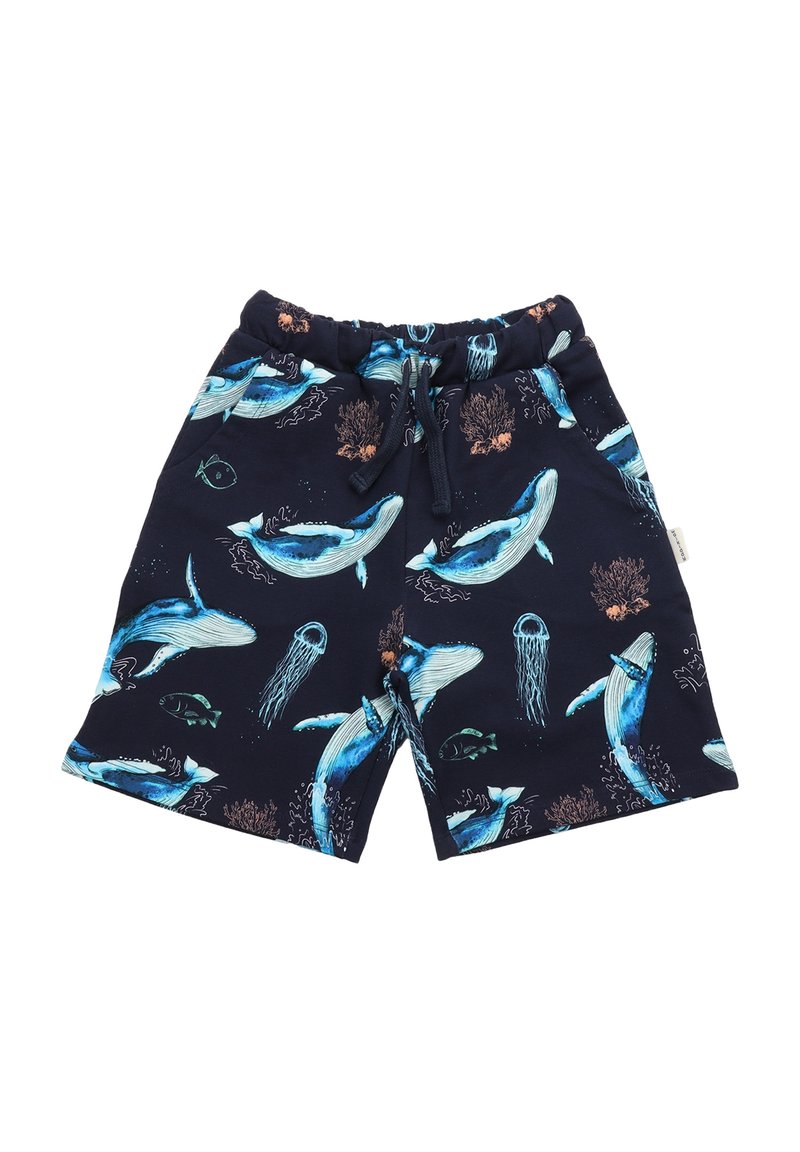 Marineblaue Schwimmshorts mit Mustern von Blauwalen und Quallen, aus weichem Stoff mit elastischem Bund und Kordelzug.