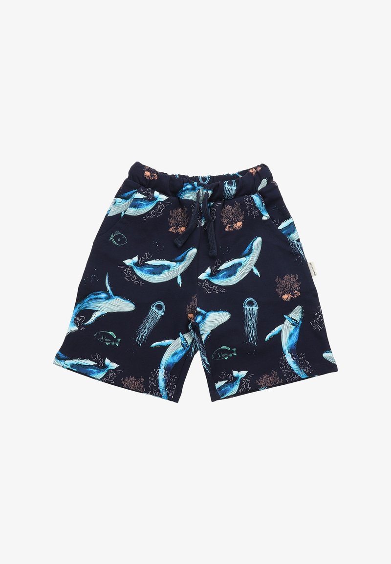 Marineblaue Schwimmshorts mit Mustern von Blauwalen und Quallen, aus weichem Stoff mit elastischem Bund und Kordelzug.