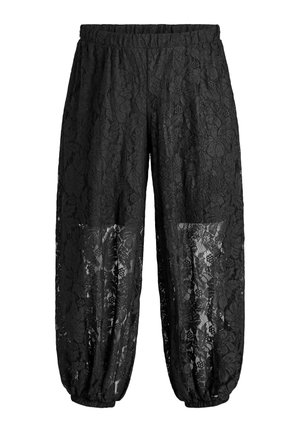 Pantalones de encaje negro con patrón floral, cintura elástica y puños elásticos, tela semitransparente con ajuste holgado y relajado.