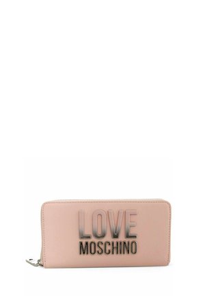 Rechthoekige lichtroze portemonnee met zilveren rits en groot zilveren "LOVE MOSCHINO" logo aan de voorkant.