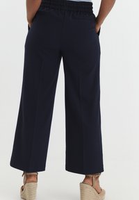 Navy blue, wide-leg trousers with an elastic waistband, featuring two side pockets and a minimalist design. Material appears smooth and lightweight.