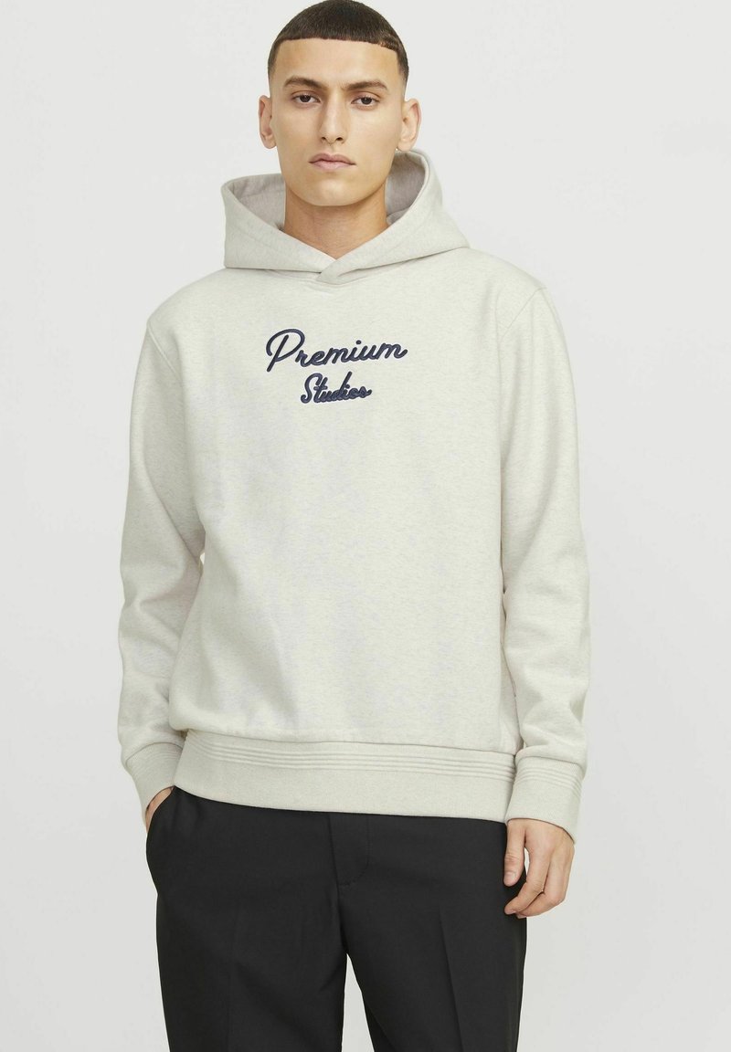 Light grey hoodie made of soft fabric with ribbed cuffs and hem. Features embroidered "Premium Studios" logo in navy on the front.