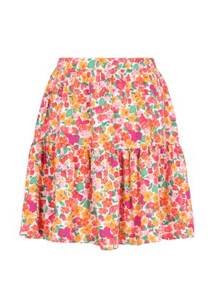 Fustă florală din țesătură ușoară în nuanțe de roz, portocaliu, roșu și verde. Are un design în straturi și un waistband elastic pentru confort.