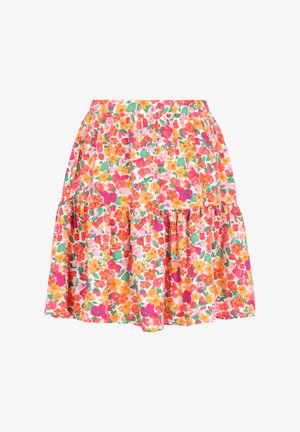 Kvetinová sukňa vyrobená z ľahkej tkaniny v ružovej, oranžovej, červenej a zelenej farbe. Má vrstvený dizajn a elastický pás pre pohodlie.
