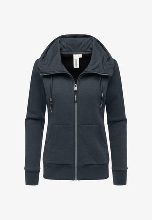 Mørkegrå lynlås-hoodie med stor hætte, justerbare snore, to frontlommer og ribbede manchetter og kant. Glat stoffets struktur.