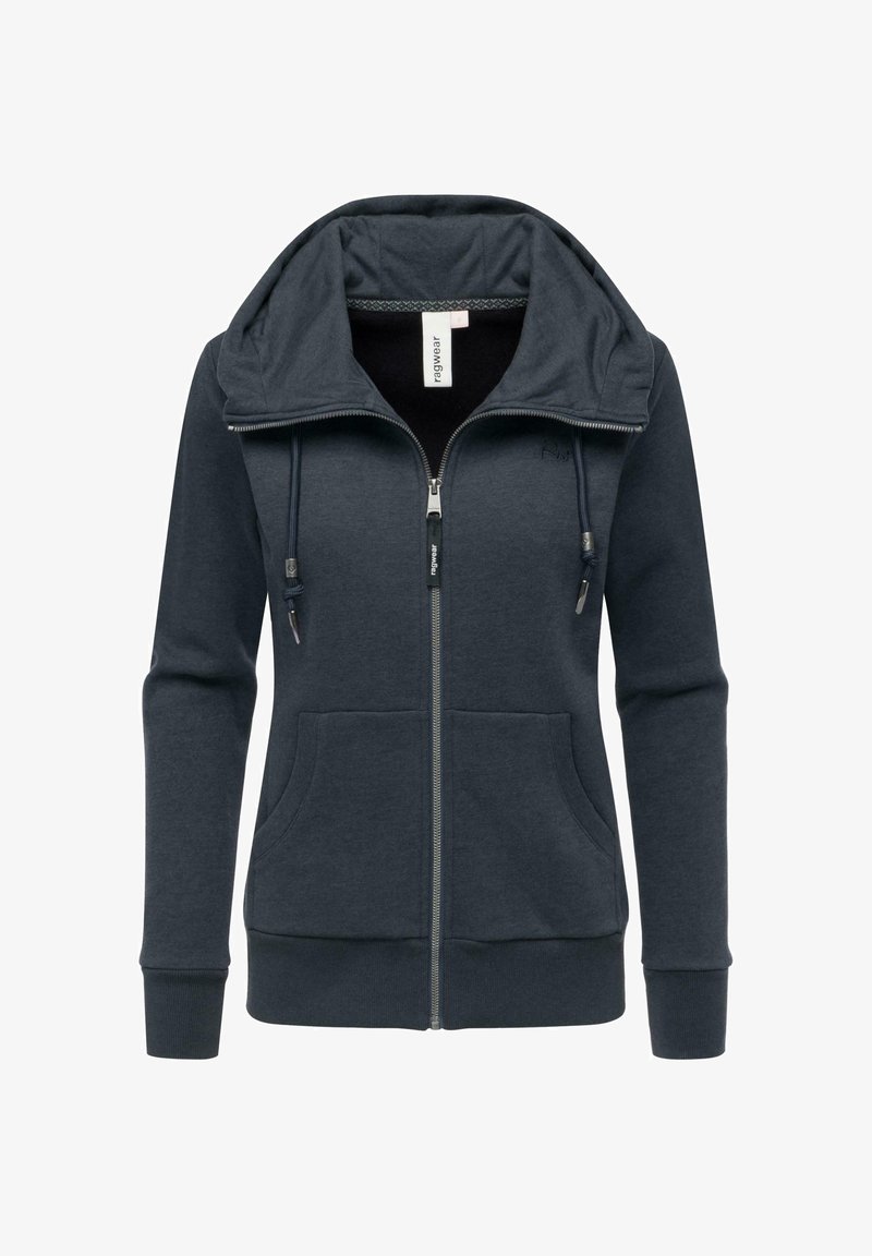 Felpa con zip di colore grigio scuro, dotata di un ampio cappuccio, coulisse regolabili, due tasche frontali e polsini e orlo a costine. Tessuto morbido al tatto.