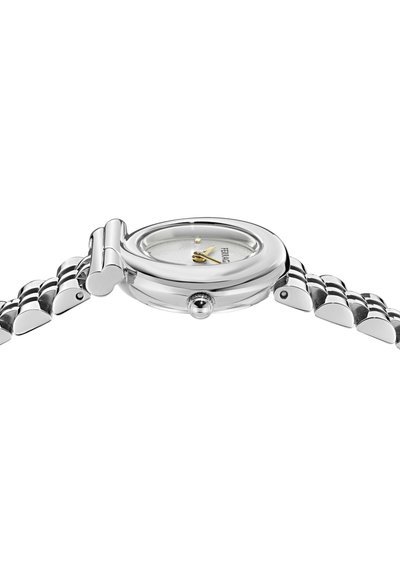 Sidabrinis riešinis laikrodis su apvaliu ciferblatu, metalinė grandinėlė ir aukso spalvos valandos bei minučių rodyklės, rodančios 11:10.