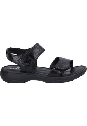 Black leather sandals with adjustable strap, textured upper, and durable rubber sole. Features stitched detailing and cushioned insole.