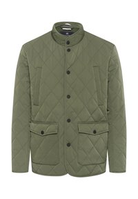 Olivgrüne gesteppte Jacke mit Stehkragen, Druckknopfverschluss, zwei Klappentaschen und zwei vertikalen Seitentaschen.