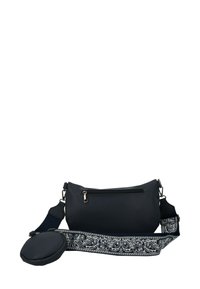 Borsa a tracolla nera in pelle con tasca con zip, ampia tracolla regolabile con motivo paisley bianco e nero, e piccola pochette attaccata.