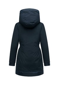 Marineblaue gepolsterte Winterjacke mit Kapuze, elastischem Taillenbund und langen Ärmeln. Glatte Textur mit leicht glänzender Oberfläche.