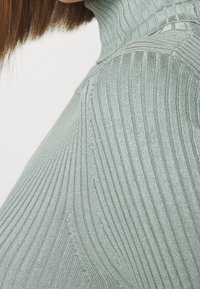 Col roulé côtelé vert clair mettant en évidence un tissu tricoté texturé avec des rayures verticales, affichant des coutures détaillées le long de la couture de l'épaule.