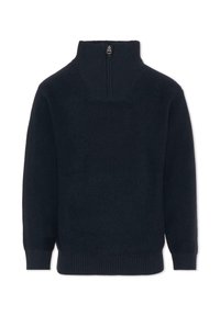 Maglione blu navy con colletto alto e breve zip, realizzato in materiale a maglia testurizzata; presenta polsini e orlo a costine.