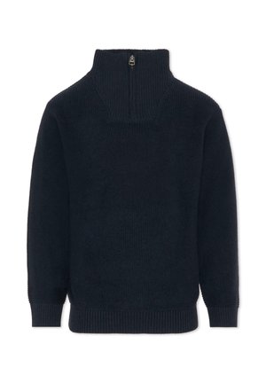 Marineblauwe pullover met een hoge kraag en korte rits, gemaakt van textuur gebreid materiaal; beschikt over geribbelde manchetten en zoom.