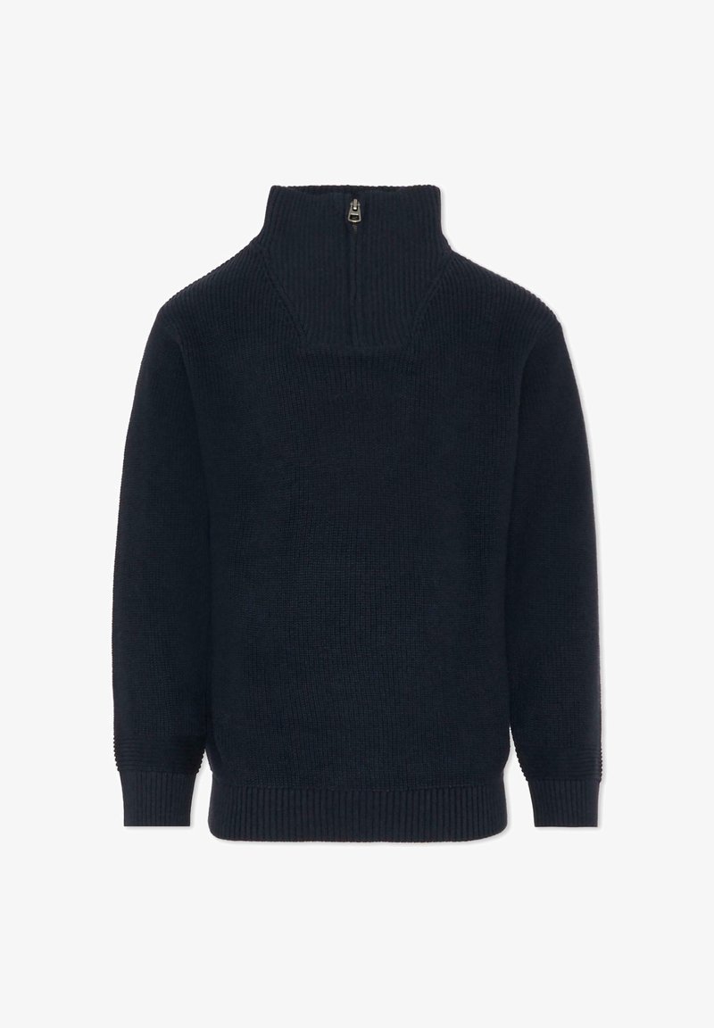Maglione blu navy con colletto alto e breve zip, realizzato in materiale a maglia testurizzata; presenta polsini e orlo a costine.