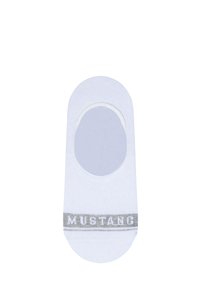 Weißer Knöchelsocke aus weicher Baumwolle. Hat ein graues Band mit dem Wort "MUSTANG" oben. Runde Zehenform und nahtloses Design.