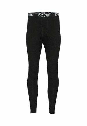 Schwarze thermische Leggings mit enganliegendem Design, ausgestattet mit einem breiten elastischen Bund, auf dem in Weiß "DOVRE" steht. Weiche Textur und ohne Muster.