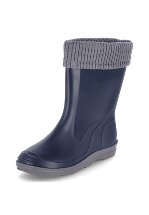 Marineblauwe rubberen regenlaars met een grijze, ribbelige boord. Heeft een ronde neus en een gestructureerde zool voor grip. Gladde oppervlakte met minimale details.