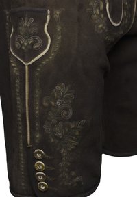 Bruine suède shorts met ingewikkelde bloemembroidery, een zak met decoratieve rand en decoratieve knopen aan de zijkant.
