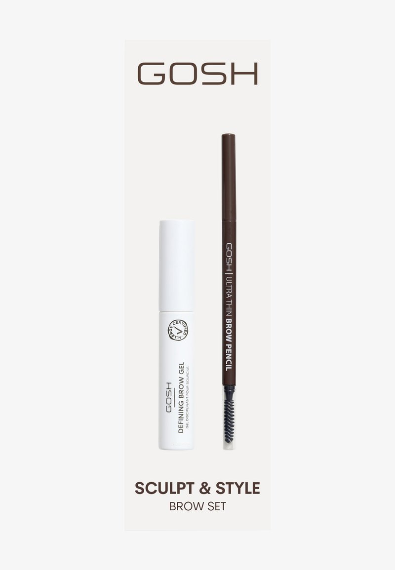 Le coffret GOSH Sculpt & Style pour les sourcils comprend un gel définissant pour sourcils blanc et un crayon à sourcils ultra-fin marron avec une brosse de mise en forme intégrée.