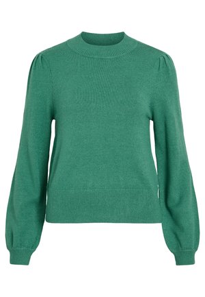 Grøn strikket sweater med rund halsudskæring, lange pufærmer og ribbet kant. Glat tekstur og tætsiddende silhuet.