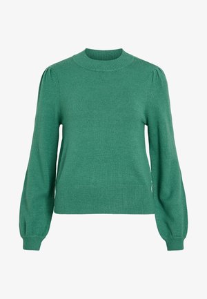 Grüner Strickpullover mit rundem Ausschnitt, langen Puffärmeln und geripptem Saum. Glatte Textur und figurnahe Silhouette.