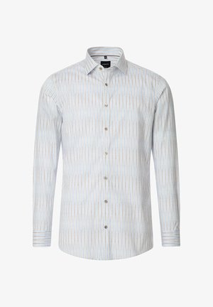 Langärmliges Hemd mit hellblauen und beigen vertikalen Streifen, Button-Down-Kragen und klassischer Passform. Hergestellt aus gewebtem Baumwollstoff.